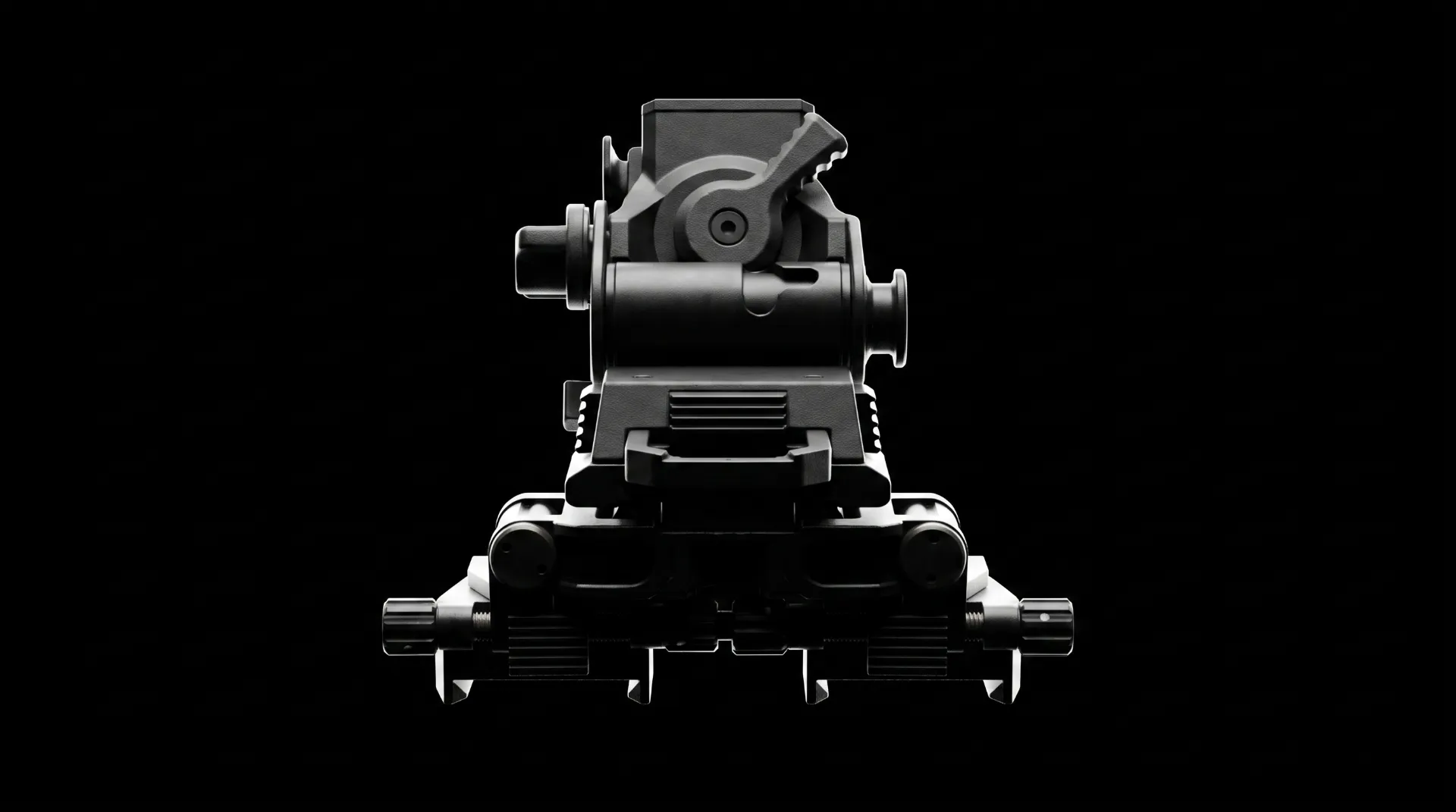 Aluminum G24 helmet mount seated on a dual dovetail bridge, direct front view